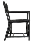 Black wicker armchair with armrests and a sturdy cross-frame base, showcasing a contemporary design suitable for indoor or outdoor dining spaces.