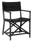 Black wicker armchair with armrests and a sturdy cross-frame base, showcasing a contemporary design suitable for indoor or outdoor dining spaces.