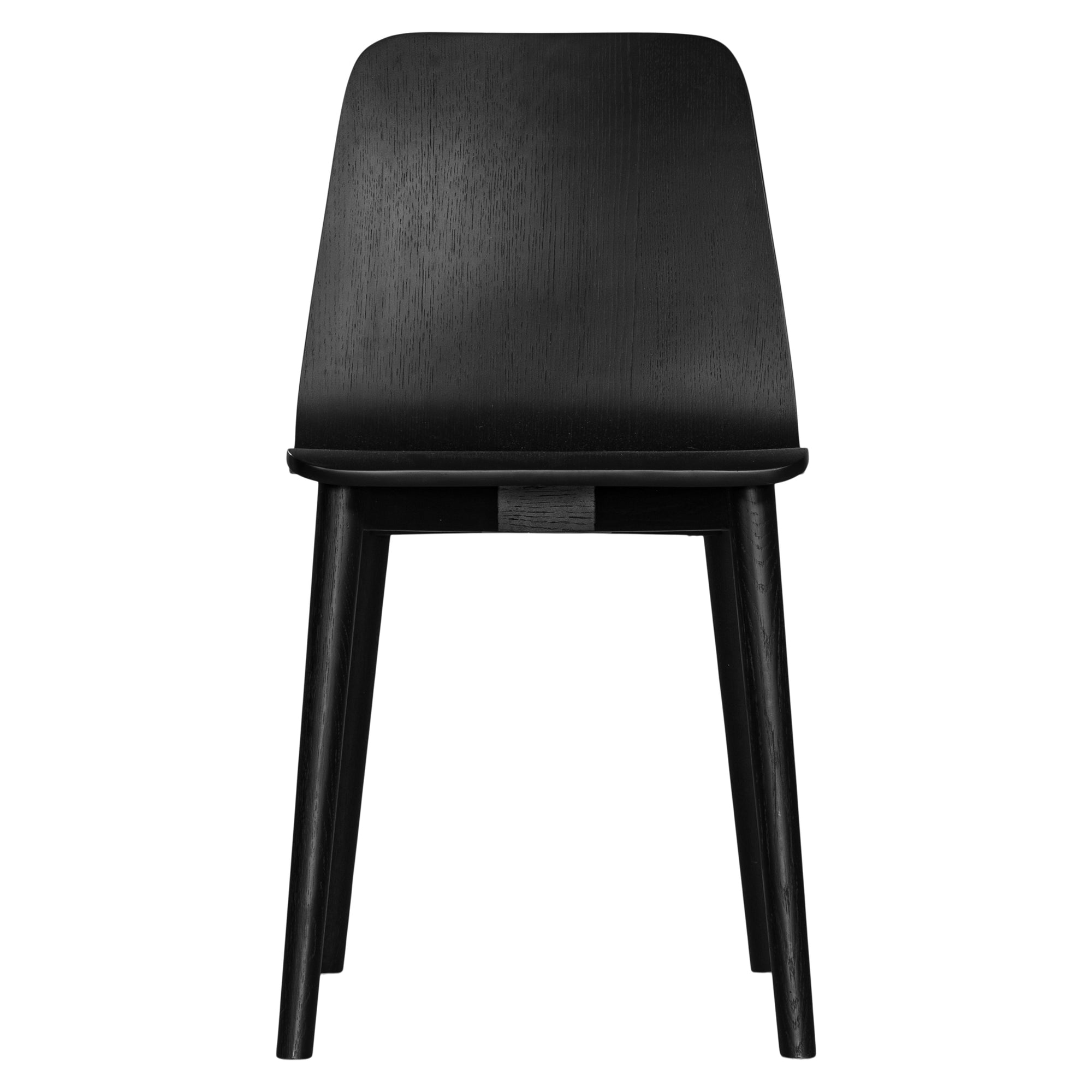 The Kulala Living black wood dining chair features a sleek, curved seat with a natural wood grain finish. Its minimalist design and sturdy legs make it a stylish and versatile addition to any modern dining space