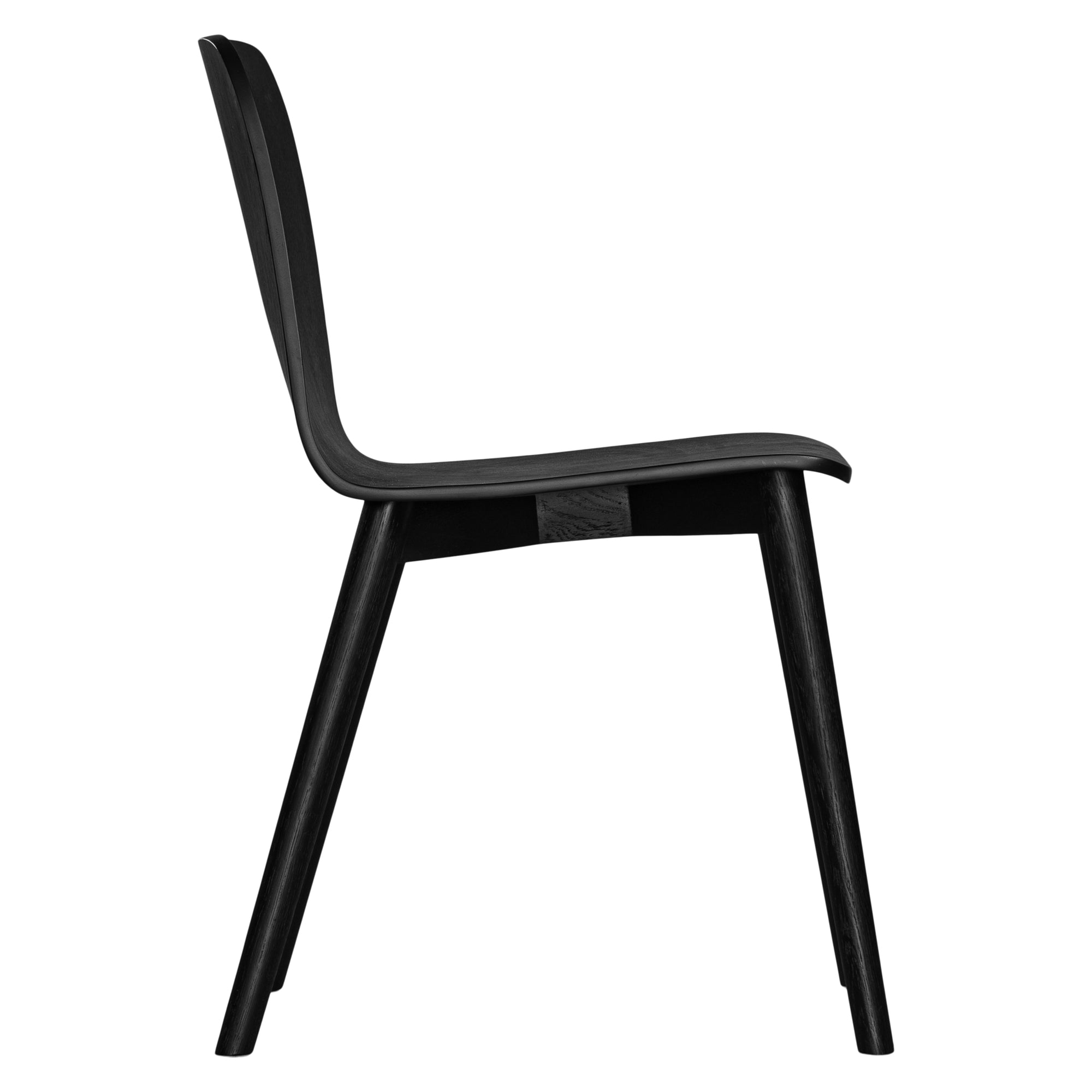 The Kulala Living black wood dining chair features a sleek, curved seat with a natural wood grain finish. Its minimalist design and sturdy legs make it a stylish and versatile addition to any modern dining space