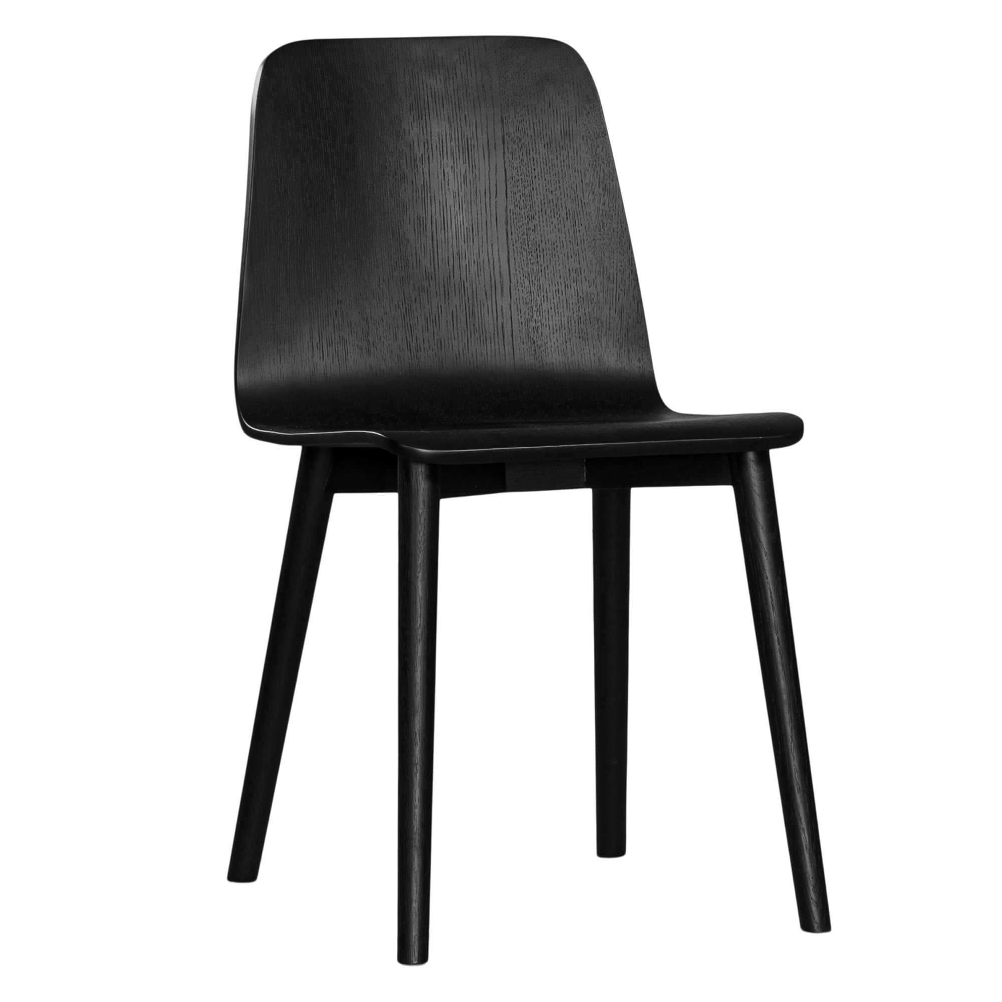 The Kulala Living black wood dining chair features a sleek, curved seat with a natural wood grain finish. Its minimalist design and sturdy legs make it a stylish and versatile addition to any modern dining space