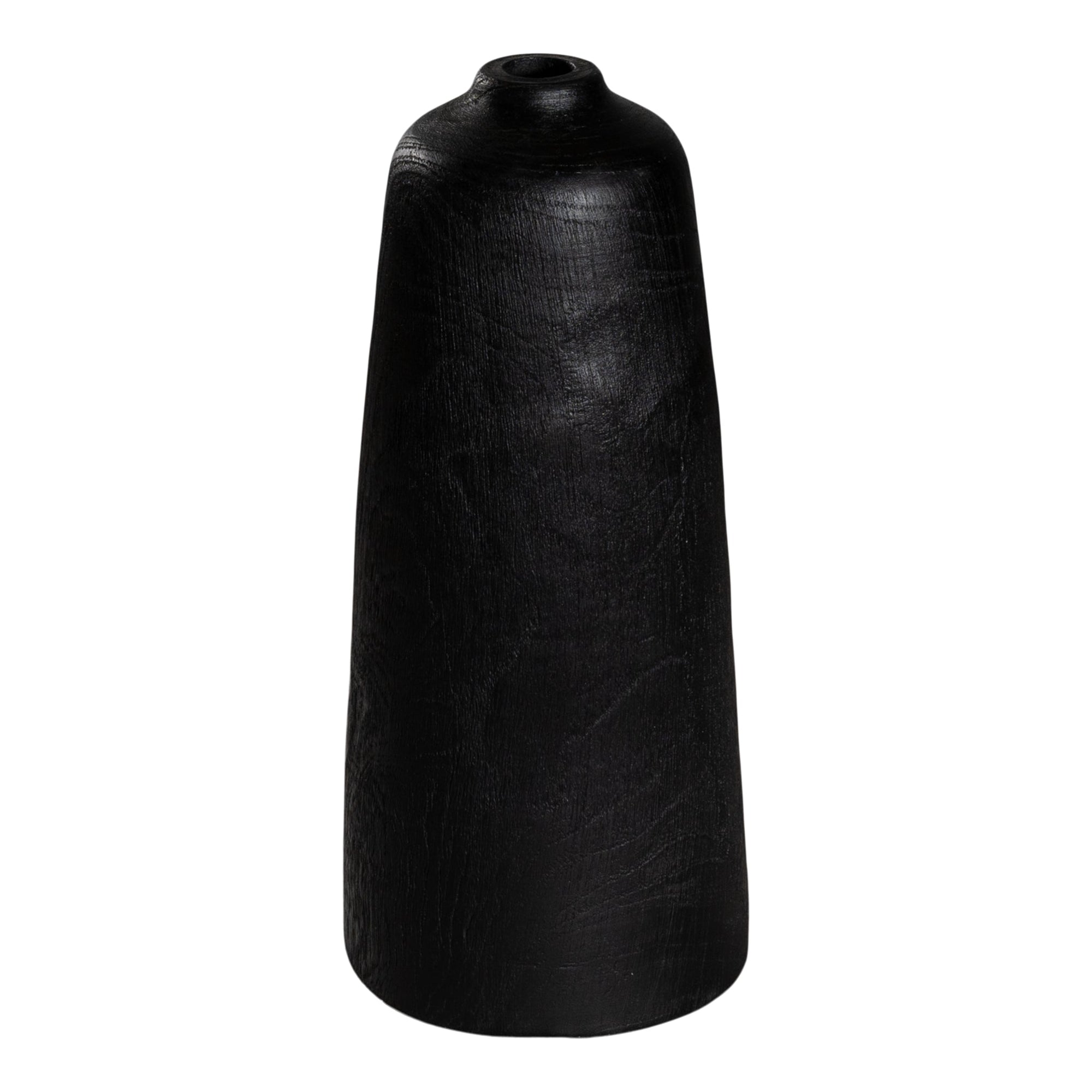 Sleek black wooden decorative vase with a smooth organic form, ideal for modern styling and interior decor accents