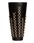 Black Maloka Shou Sugi Ban timber vase with intricate rattan weaving, featuring a handcrafted design for a bold, organic aesthetic.