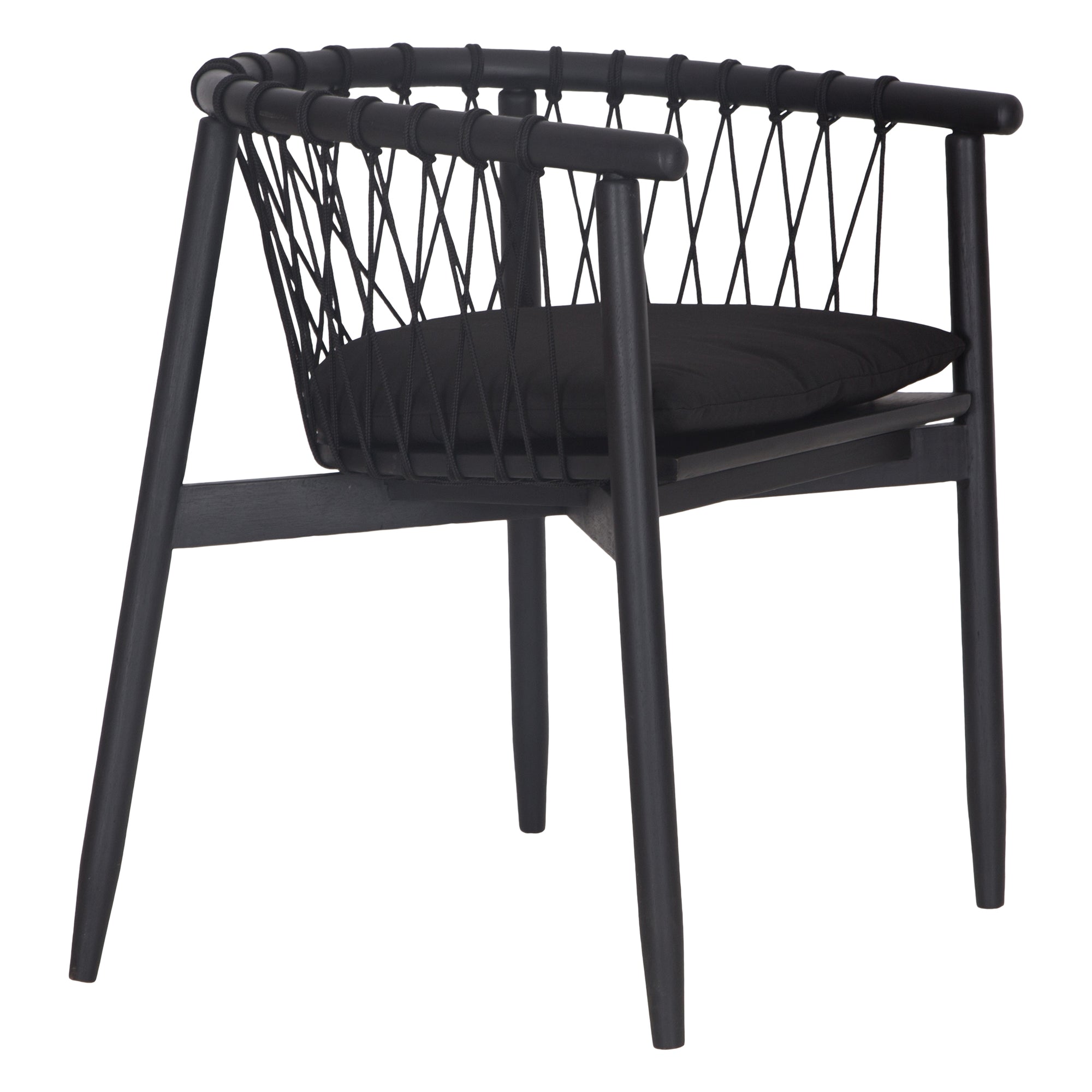 Modern black wooden dining chair with woven rope backrest and cushioned seat, perfect for contemporary lounge settings
