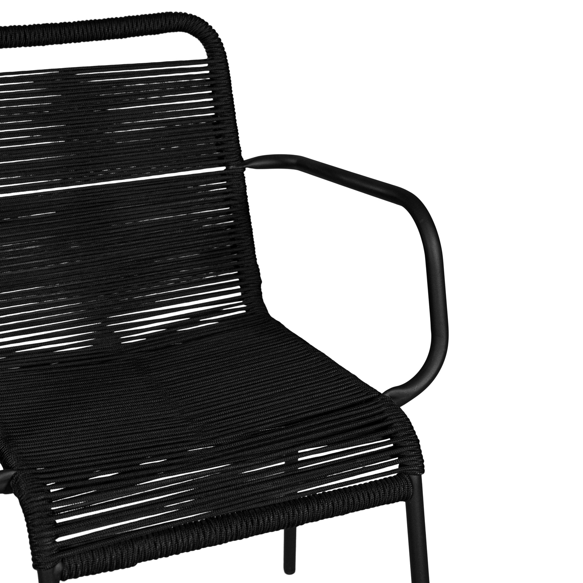Black outdoor dining chair featuring a sleek powder-coated metal frame and handwoven rope design, perfect for contemporary alfresco spaces