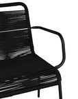 Black outdoor dining chair featuring a sleek powder-coated metal frame and handwoven rope design, perfect for contemporary alfresco spaces