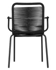 Black outdoor dining chair featuring a sleek powder-coated metal frame and handwoven rope design, perfect for contemporary alfresco spaces