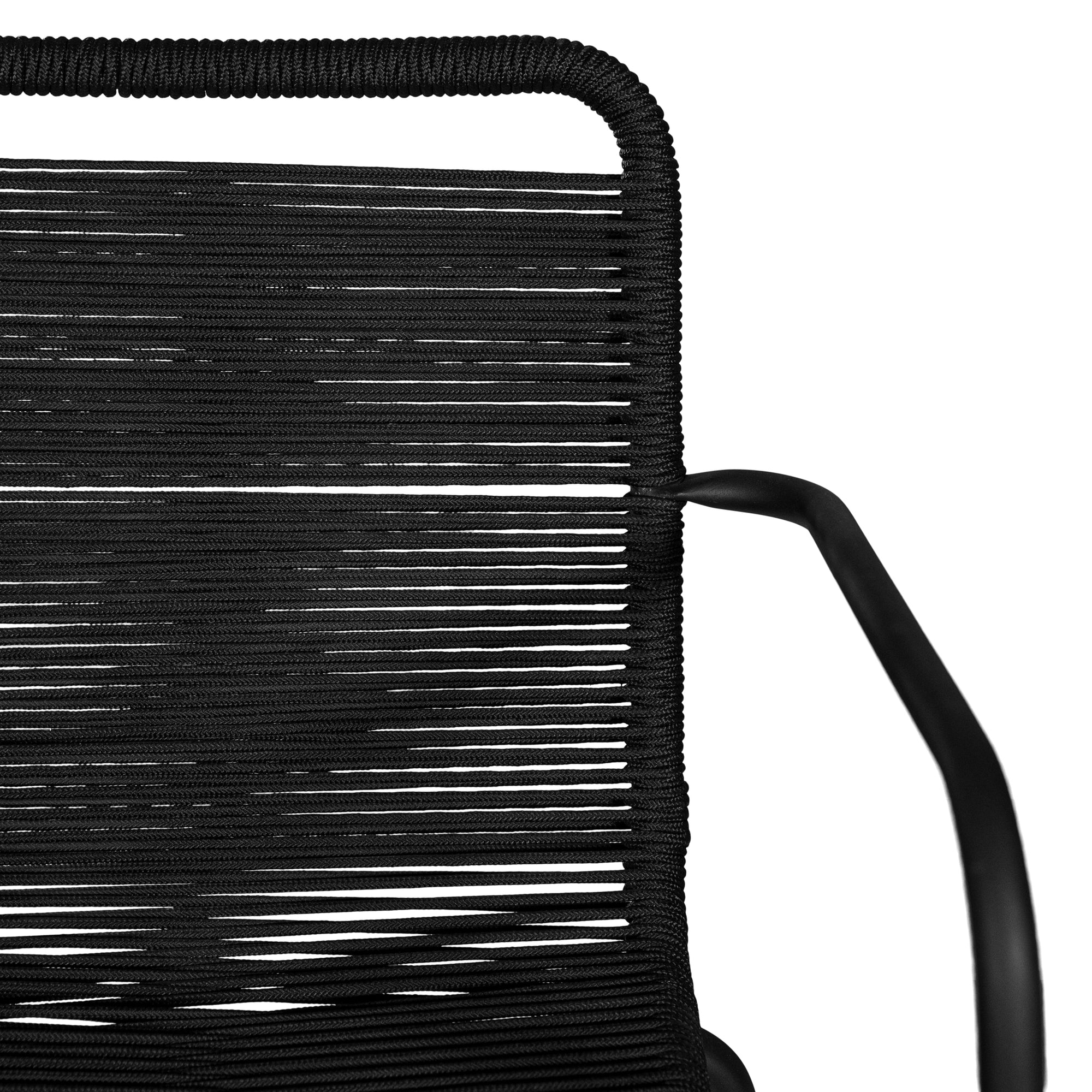 Black outdoor dining chair featuring a sleek powder-coated metal frame and handwoven rope design, perfect for contemporary alfresco spaces
