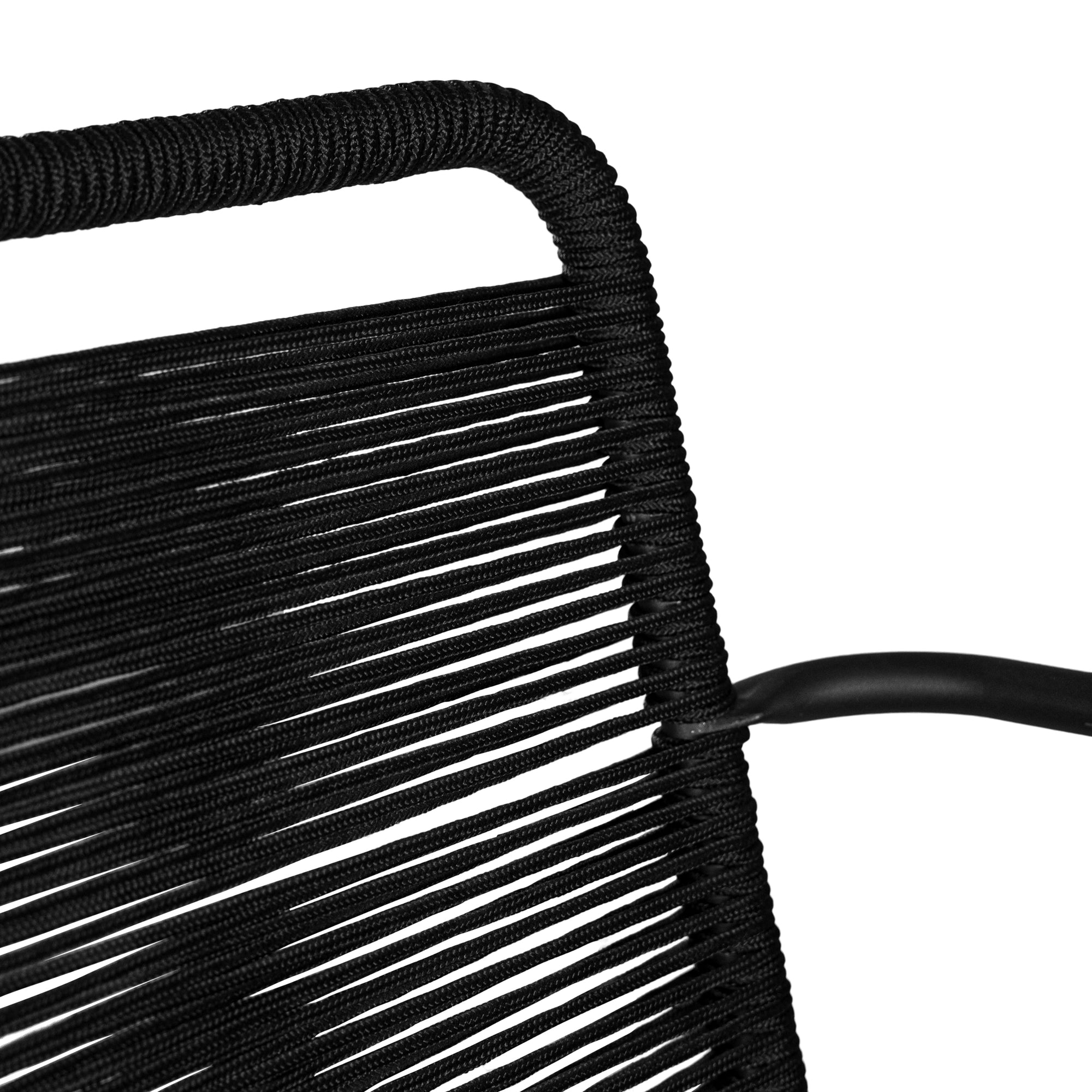 Black outdoor dining chair featuring a sleek powder-coated metal frame and handwoven rope design, perfect for contemporary alfresco spaces