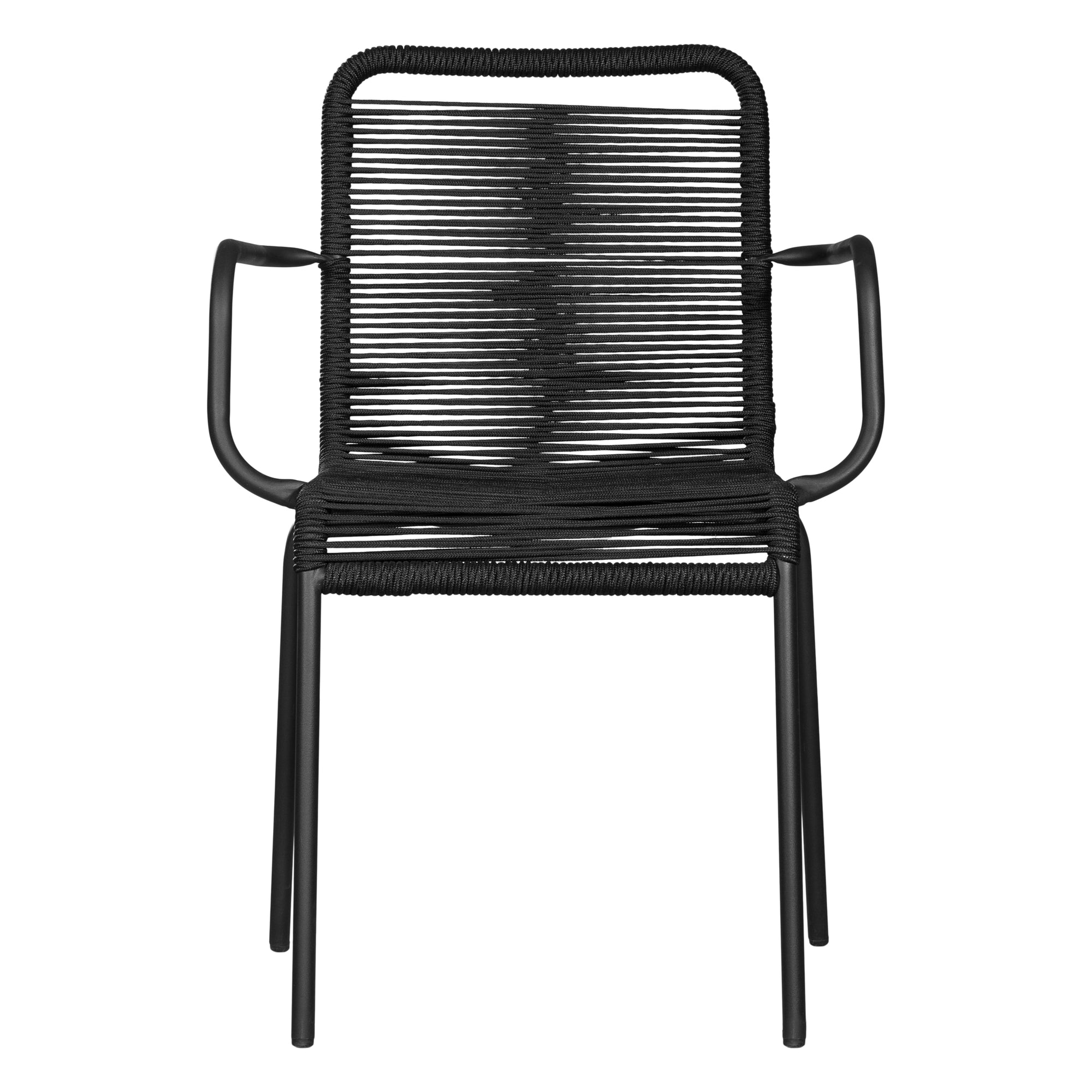 Black outdoor dining chair featuring a sleek powder-coated metal frame and handwoven rope design, perfect for contemporary alfresco spaces