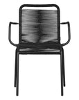 Black outdoor dining chair featuring a sleek powder-coated metal frame and handwoven rope design, perfect for contemporary alfresco spaces