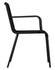 Black outdoor dining chair featuring a sleek powder-coated metal frame and handwoven rope design, perfect for contemporary alfresco spaces