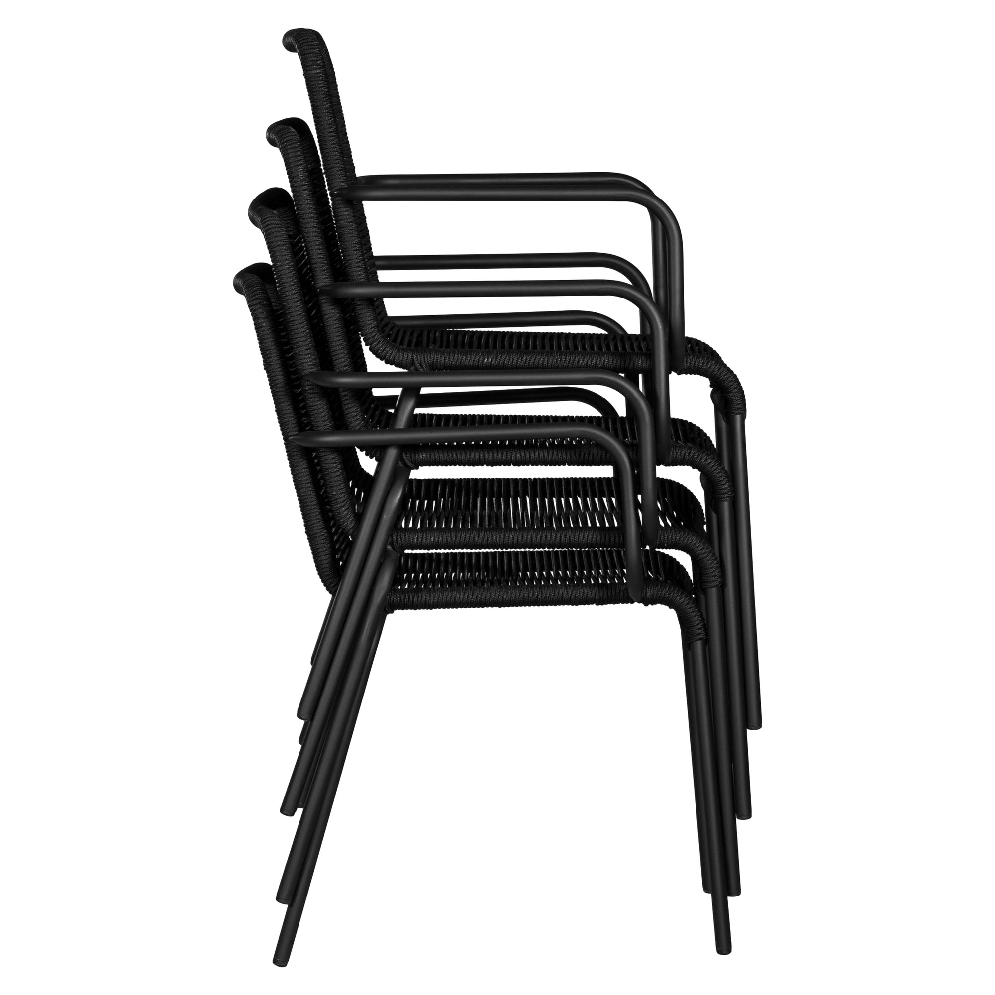 Black outdoor dining chair featuring a sleek powder-coated metal frame and handwoven rope design, perfect for contemporary alfresco spaces