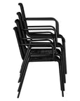 Black outdoor dining chair featuring a sleek powder-coated metal frame and handwoven rope design, perfect for contemporary alfresco spaces