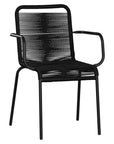 Black outdoor dining chair featuring a sleek powder-coated metal frame and handwoven rope design, perfect for contemporary alfresco spaces