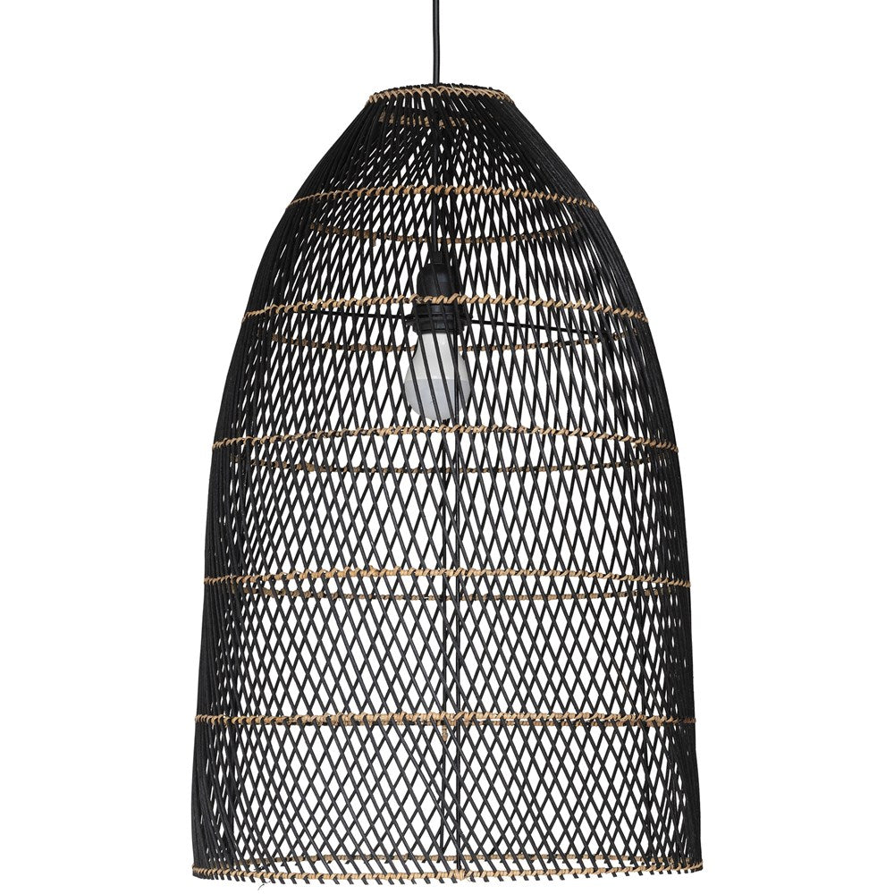 Black woven pendant light with a modern, natural fibre design, ideal for contemporary interiors and outdoor settings