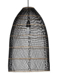 Black woven pendant light with a modern, natural fibre design, ideal for contemporary interiors and outdoor settings
