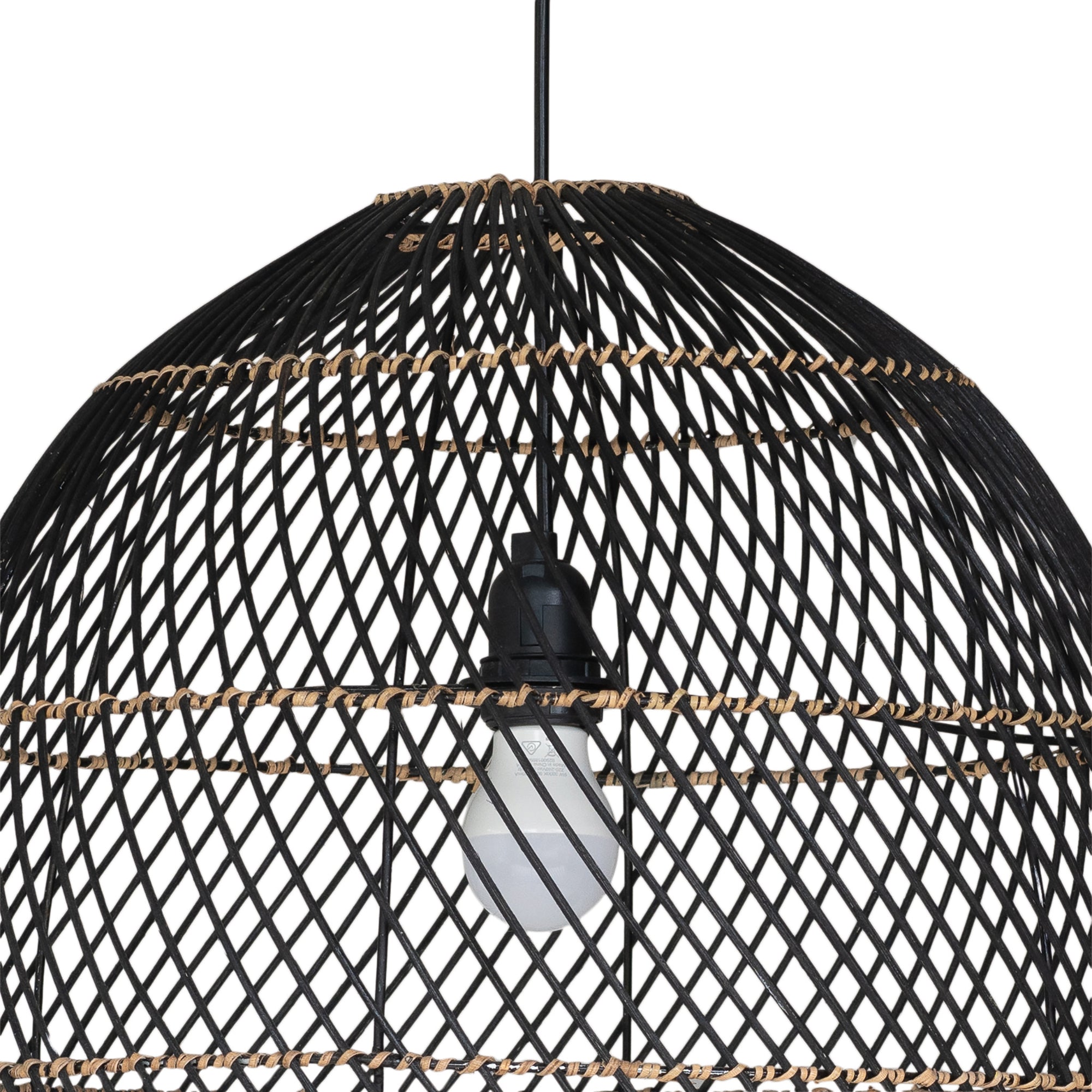 Black woven pendant light with natural trim detailing, featuring an exposed bulb for a modern coastal aesthetic