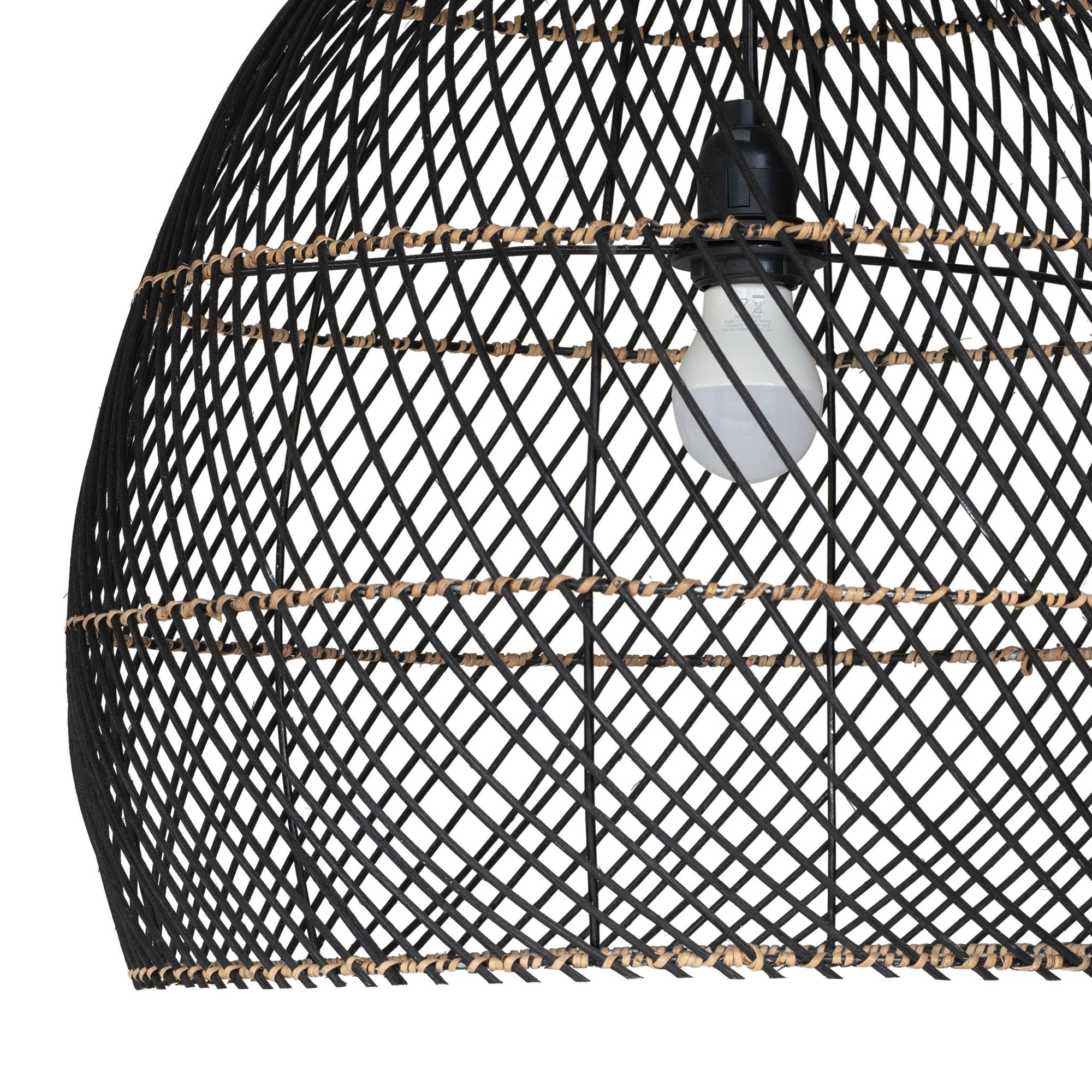 Black woven pendant light with natural trim detailing, featuring an exposed bulb for a modern coastal aesthetic