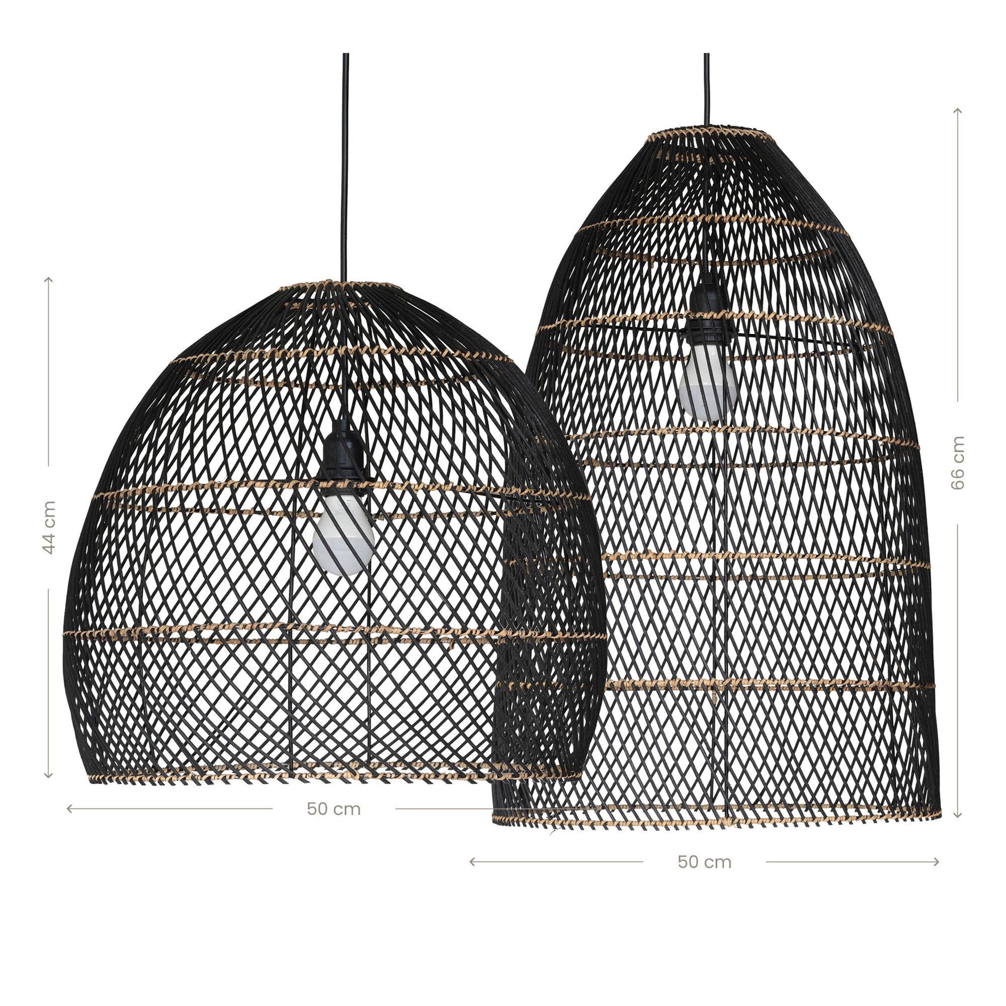 Black woven pendant light with natural trim detailing, featuring an exposed bulb for a modern coastal aesthetic