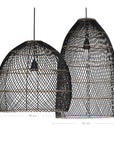 Black woven pendant light with natural trim detailing, featuring an exposed bulb for a modern coastal aesthetic