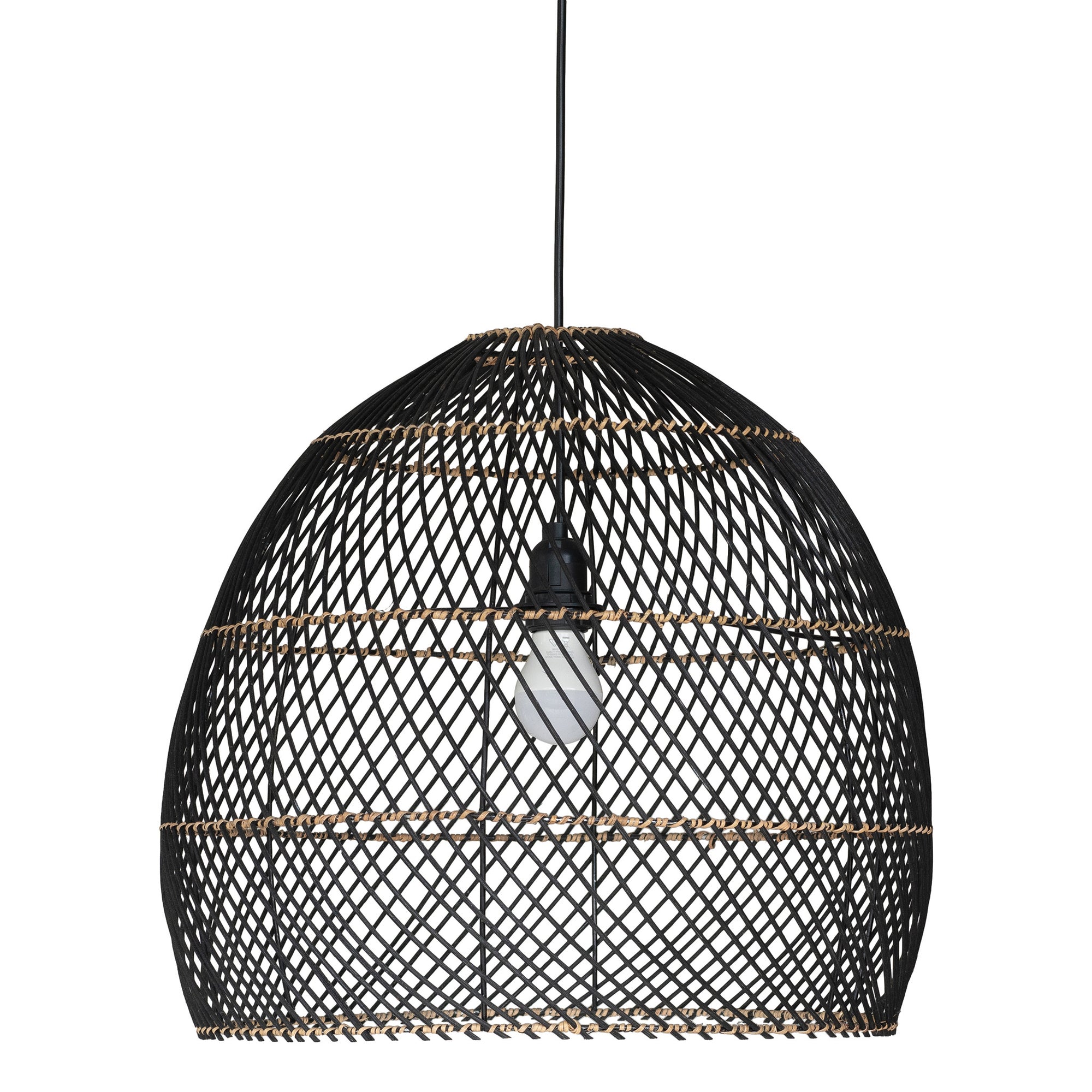 Black woven pendant light with natural trim detailing, featuring an exposed bulb for a modern coastal aesthetic
