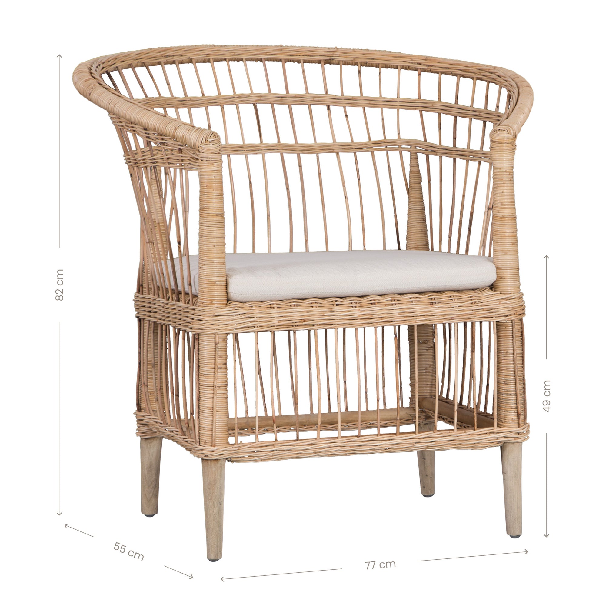 A beautifully crafted blonde rattan armchair with an open-weave design and a white cushioned seat, perfect for adding a relaxed coastal touch to any space.