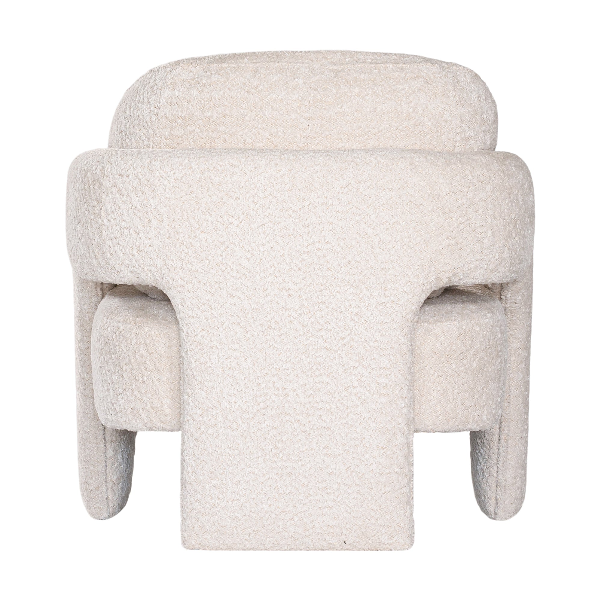 Ivory boucle armchair with rounded, sculptural design, adding modern luxury and comfort to any lounge or living space