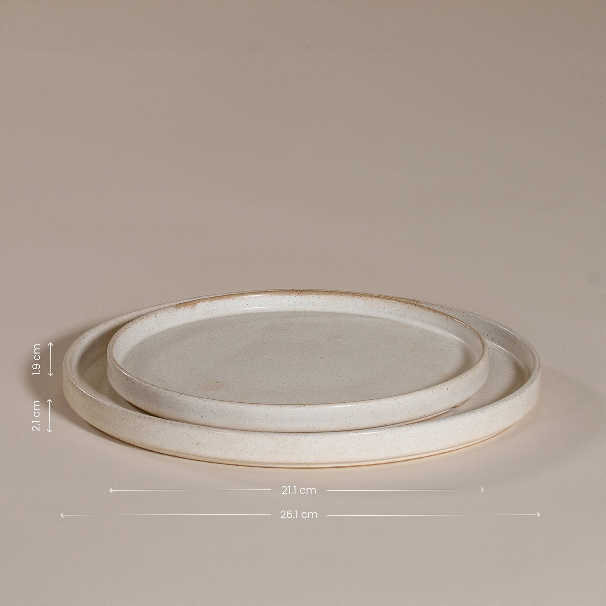 A set of handcrafted ceramic dinner plates in a soft speckled stoneware finish, featuring a minimalist design with a slightly raised rim. Perfect for modern, organic-style dining