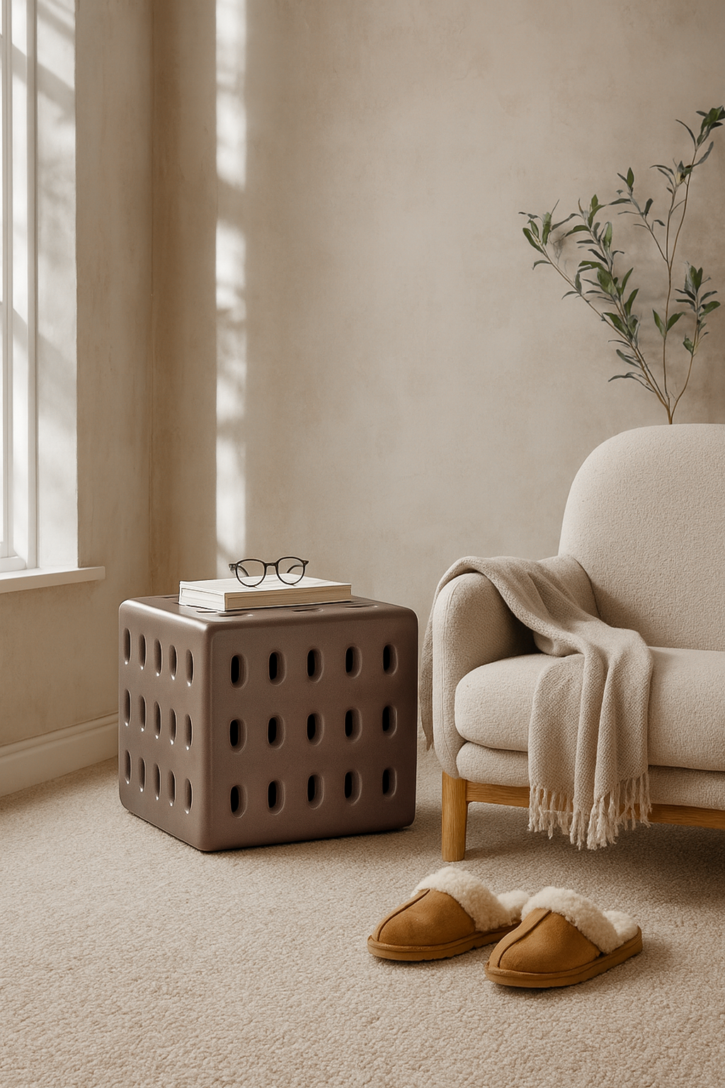 Contemporary cube-shaped side table in chocolate brown with cut-out detailing, styled in a cosy indoor setting beside a boucle armchair and soft neutral decor