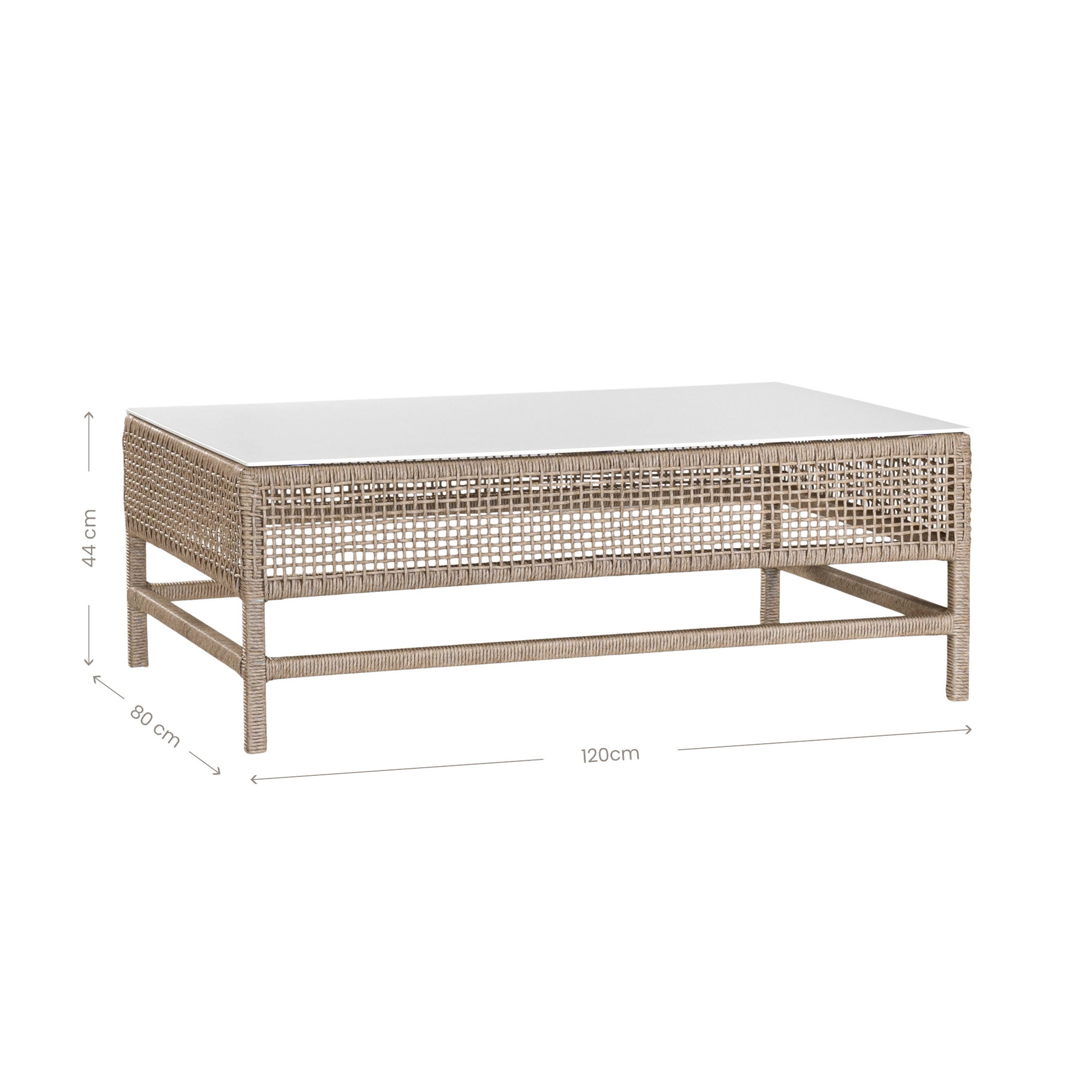 Coastal rattan coffee table with a natural woven frame and resin top, perfect for creating a relaxed, airy living space