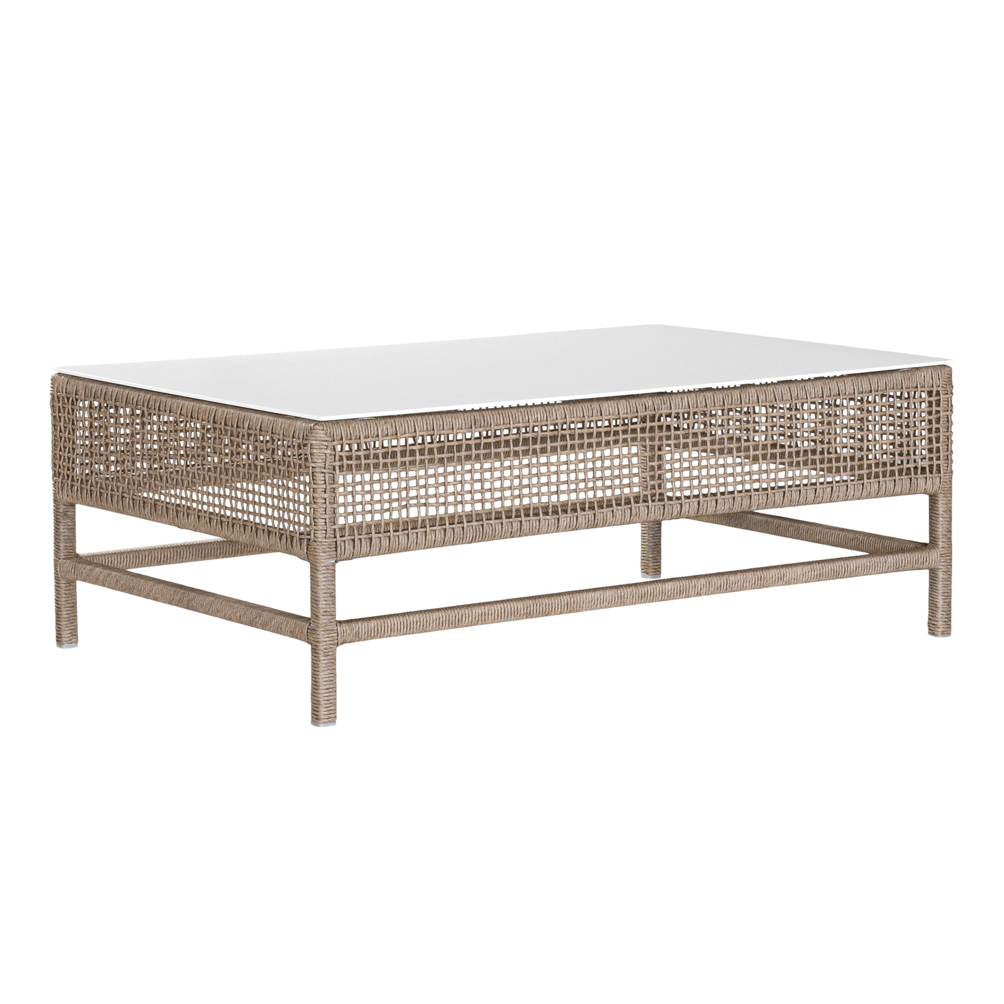 Coastal rattan coffee table with a natural woven frame and resin top, perfect for creating a relaxed, airy living space