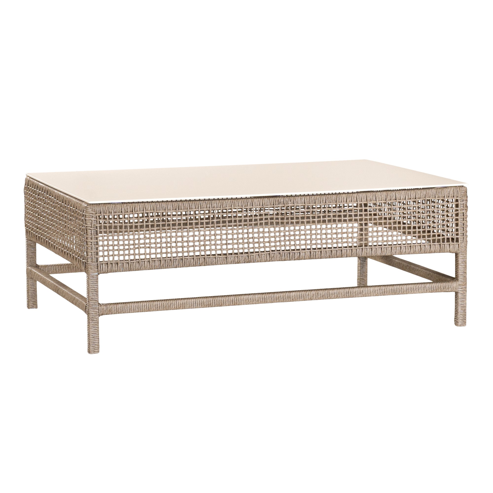 Coastal rattan coffee table with a natural woven frame and resin top, perfect for creating a relaxed, airy living space