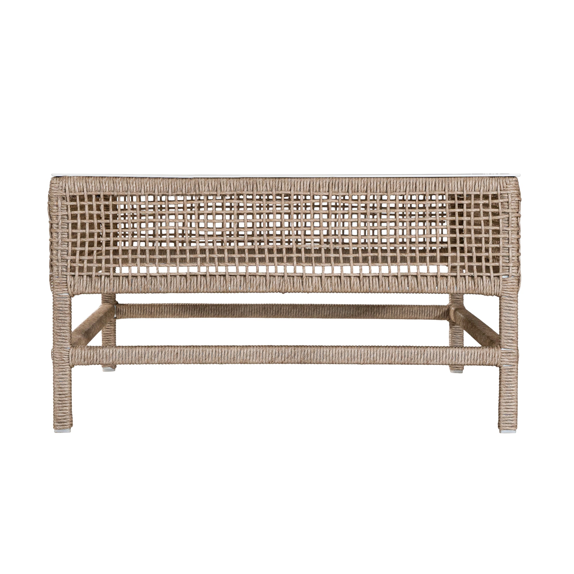 Coastal rattan coffee table with a natural woven frame and resin top, perfect for creating a relaxed, airy living space
