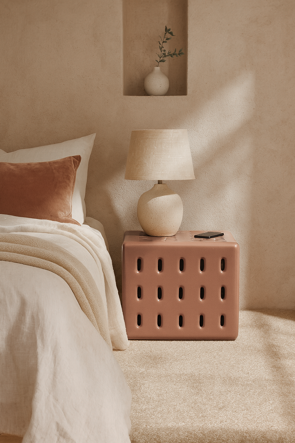 Concrete cube-shaped bedside table with modern cut-out design, styled in a serene bedroom with layered linen bedding and ceramic table lamp