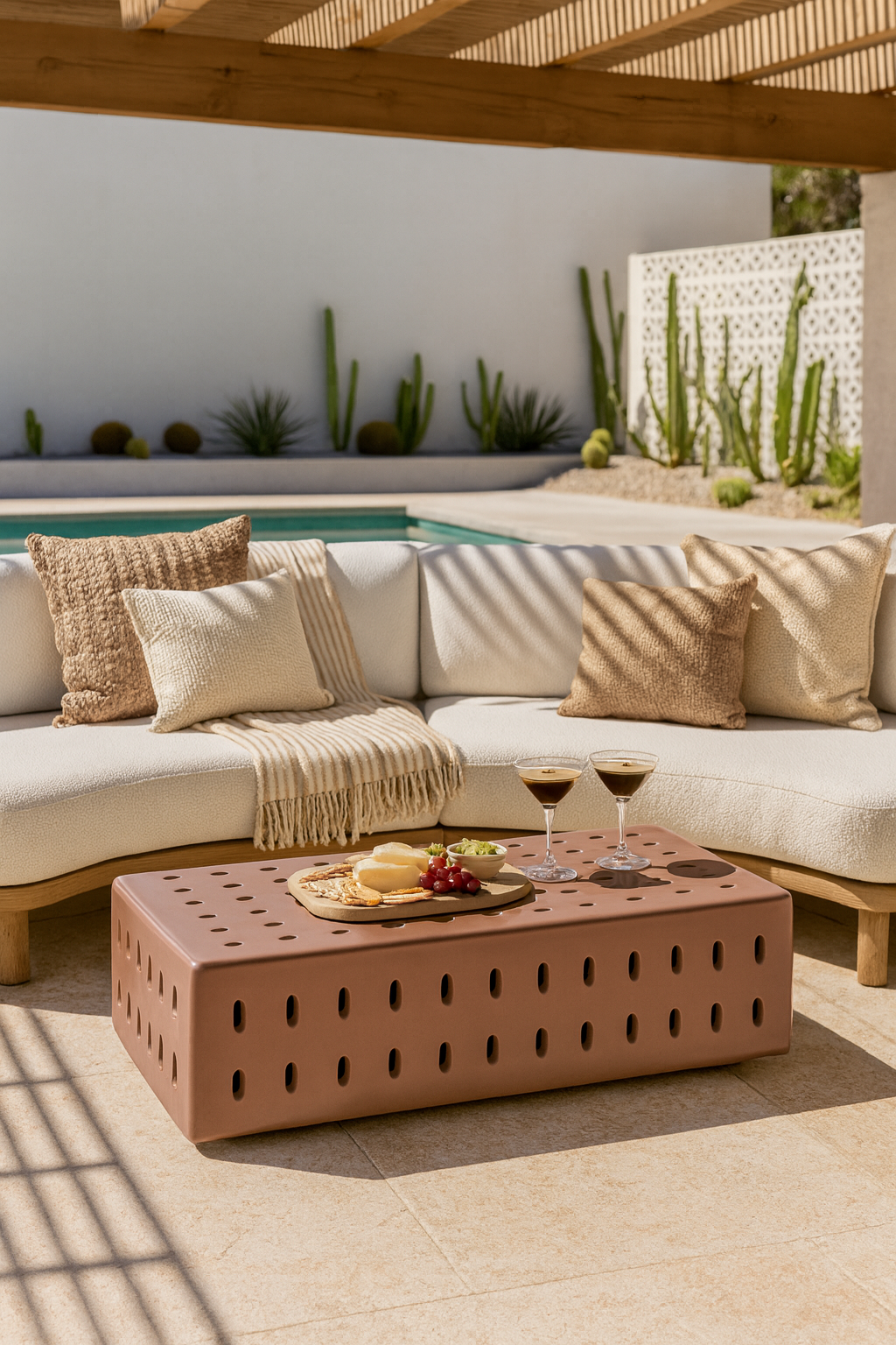 Concrete modern outdoor coffee table with perforated design, styled poolside with a white curved lounge, neutral cushions, and timber pergola