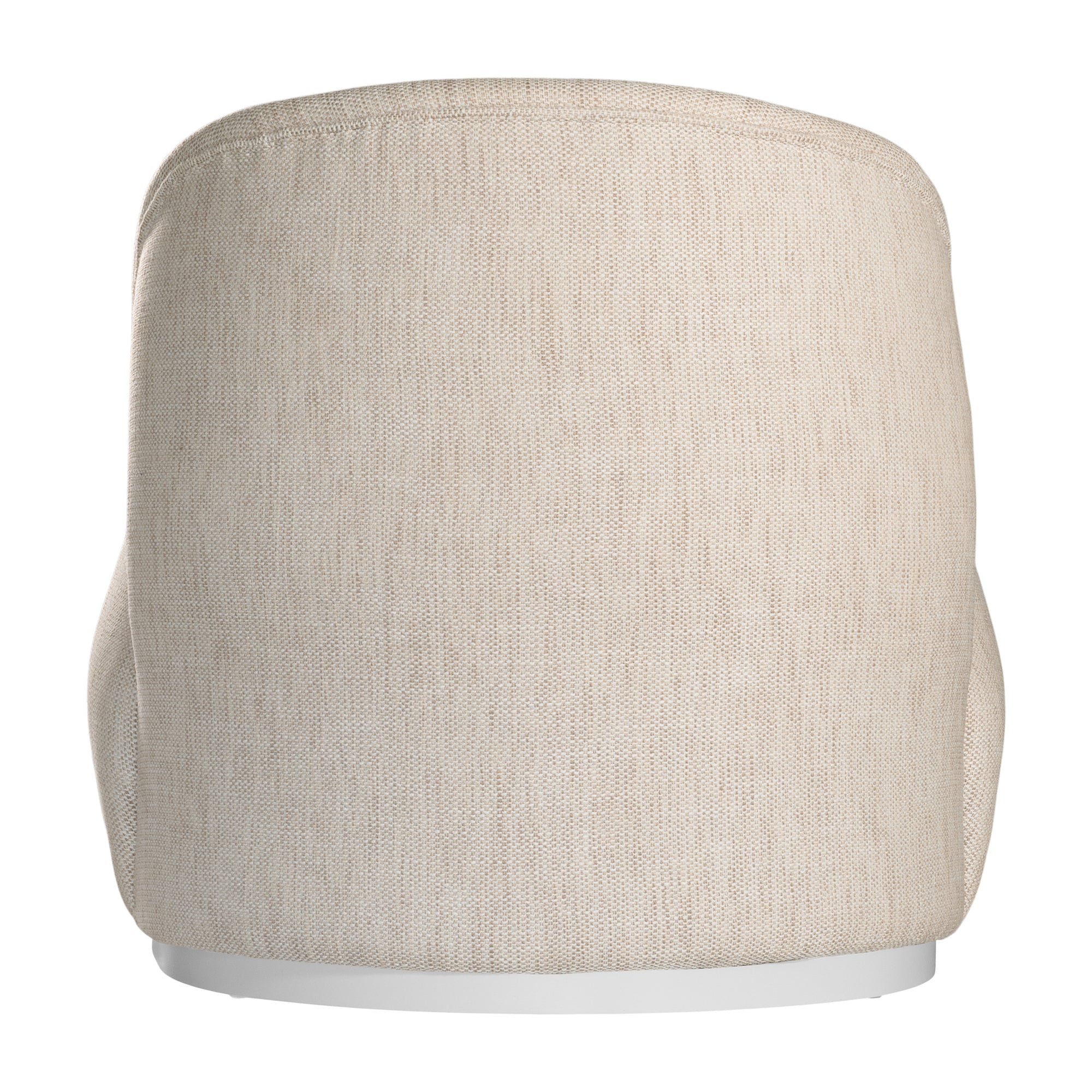 Coroo occasional chair in natural textured fabric with a soft curved backrest and rounded silhouette on a low plinth base.