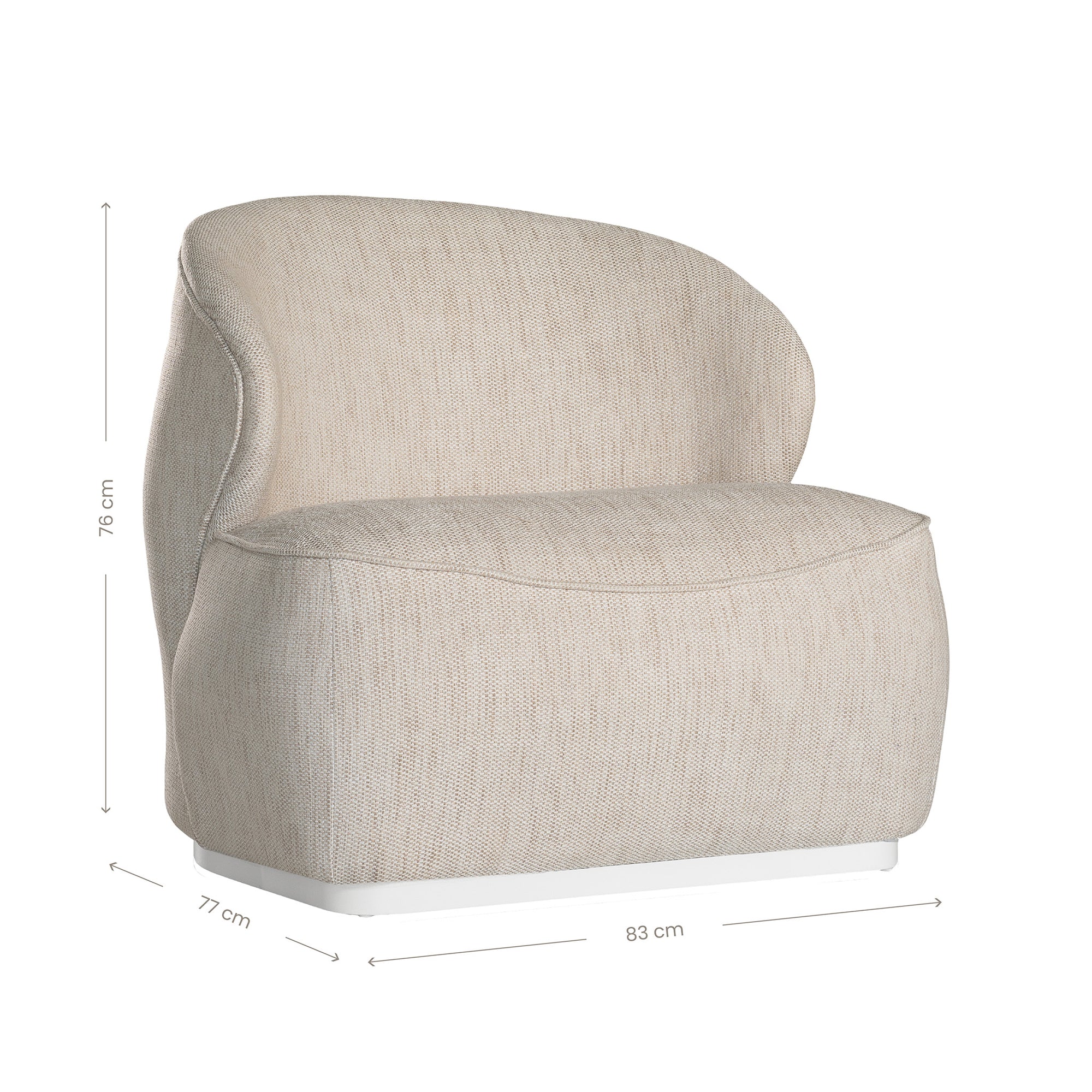 Coroo occasional chair in natural textured fabric with a soft curved backrest and rounded silhouette on a low plinth base.