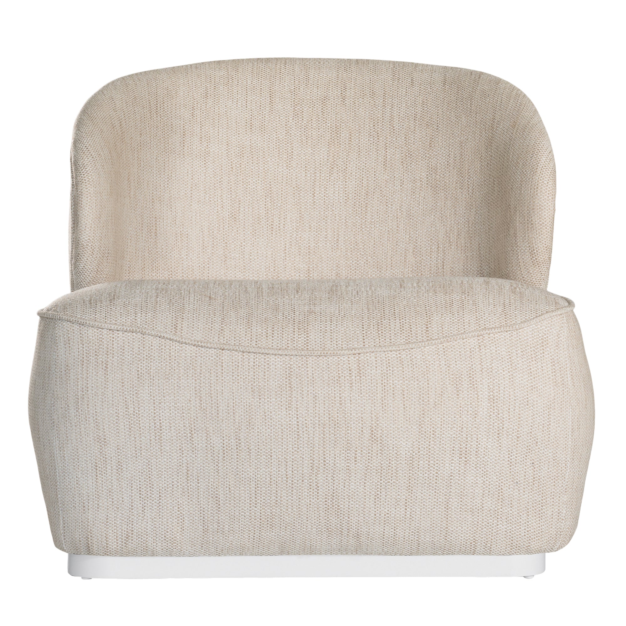 Coroo occasional chair in natural textured fabric with a soft curved backrest and rounded silhouette on a low plinth base.