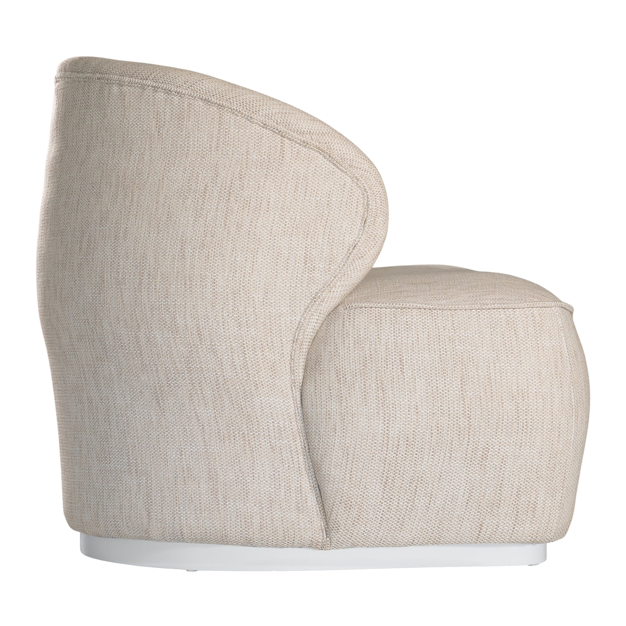 Coroo occasional chair in natural textured fabric with a soft curved backrest and rounded silhouette on a low plinth base.