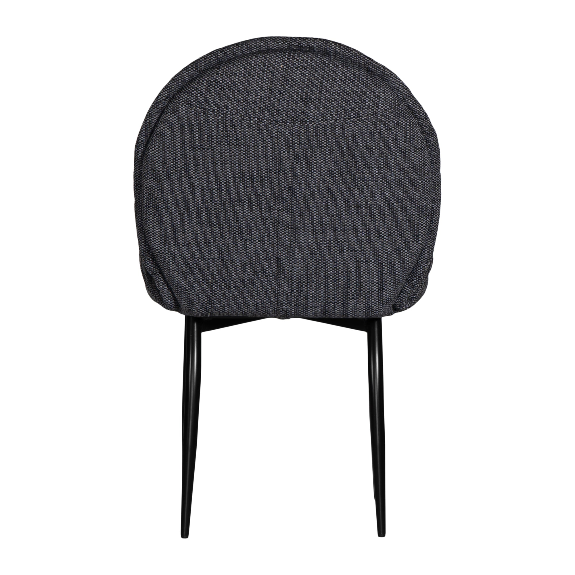 Contemporary dark grey upholstered dining chair with a plush, rounded backrest and cushioned seat, supported by sleek black metal legs for a sophisticated modern look