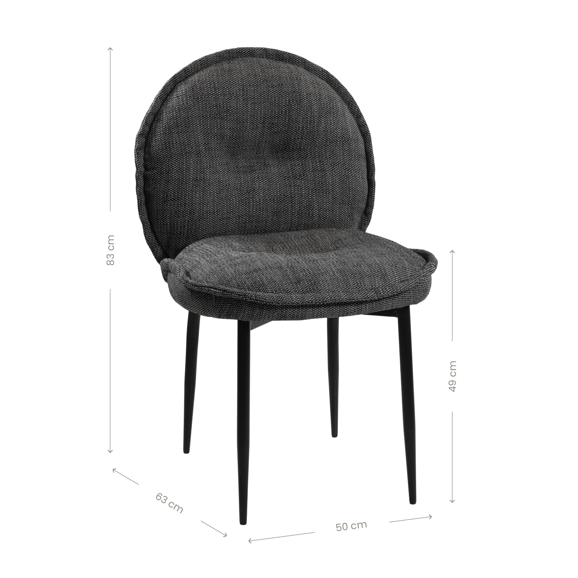 Contemporary dark grey upholstered dining chair with a plush, rounded backrest and cushioned seat, supported by sleek black metal legs for a sophisticated modern look