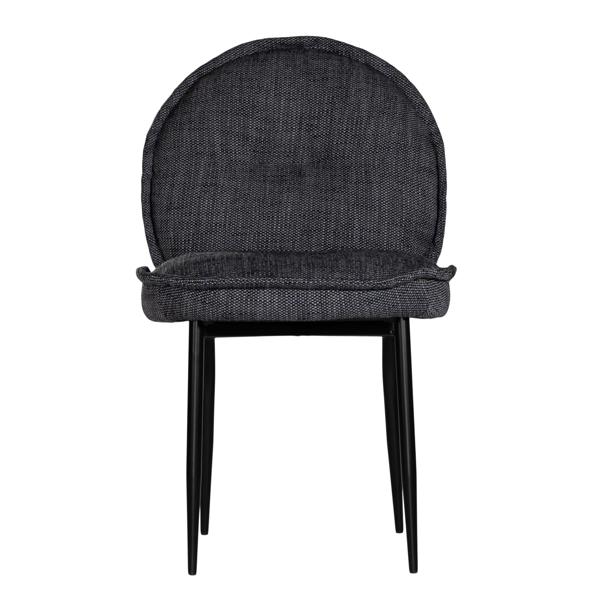 Contemporary dark grey upholstered dining chair with a plush, rounded backrest and cushioned seat, supported by sleek black metal legs for a sophisticated modern look