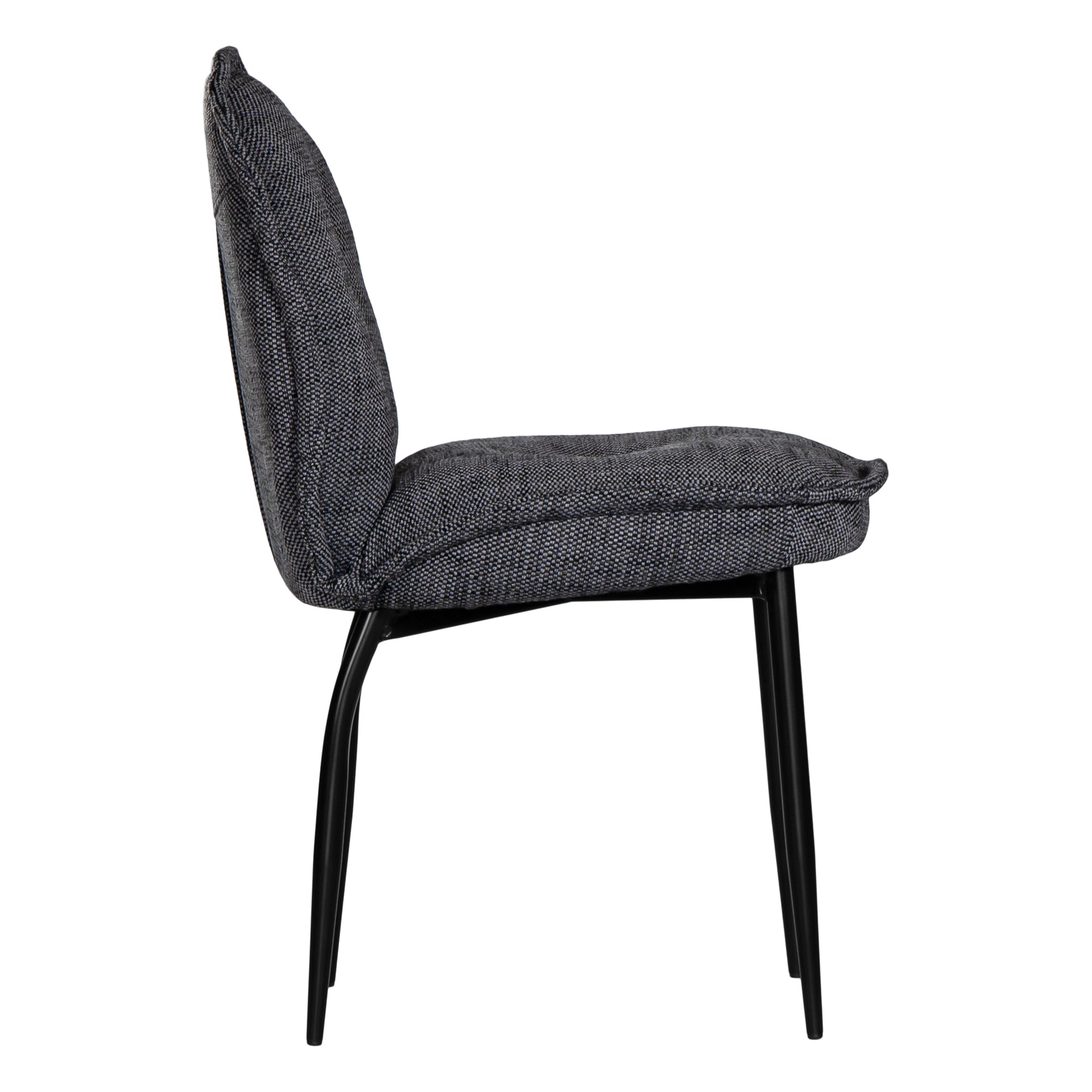 Contemporary dark grey upholstered dining chair with a plush, rounded backrest and cushioned seat, supported by sleek black metal legs for a sophisticated modern look