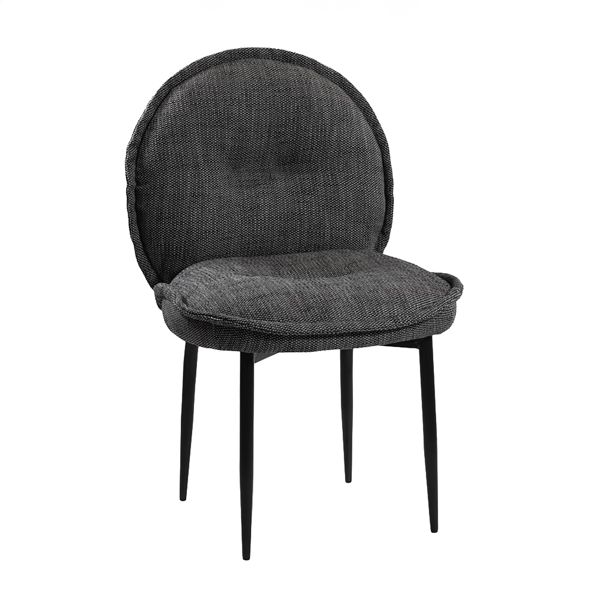 Contemporary dark grey upholstered dining chair with a plush, rounded backrest and cushioned seat, supported by sleek black metal legs for a sophisticated modern look