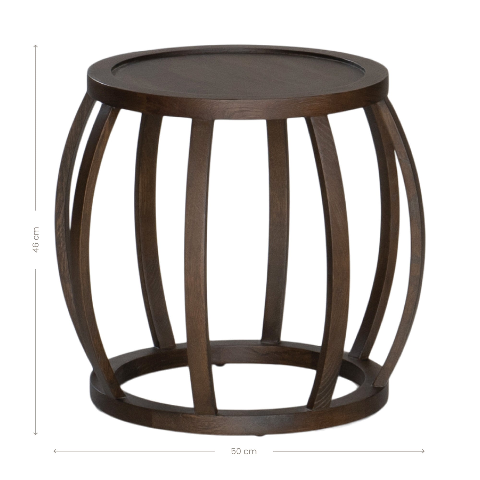 Dark oak side table with an open slat design, featuring a rounded shape and smooth finish. Ideal for adding a touch of rustic elegance to contemporary living spaces
