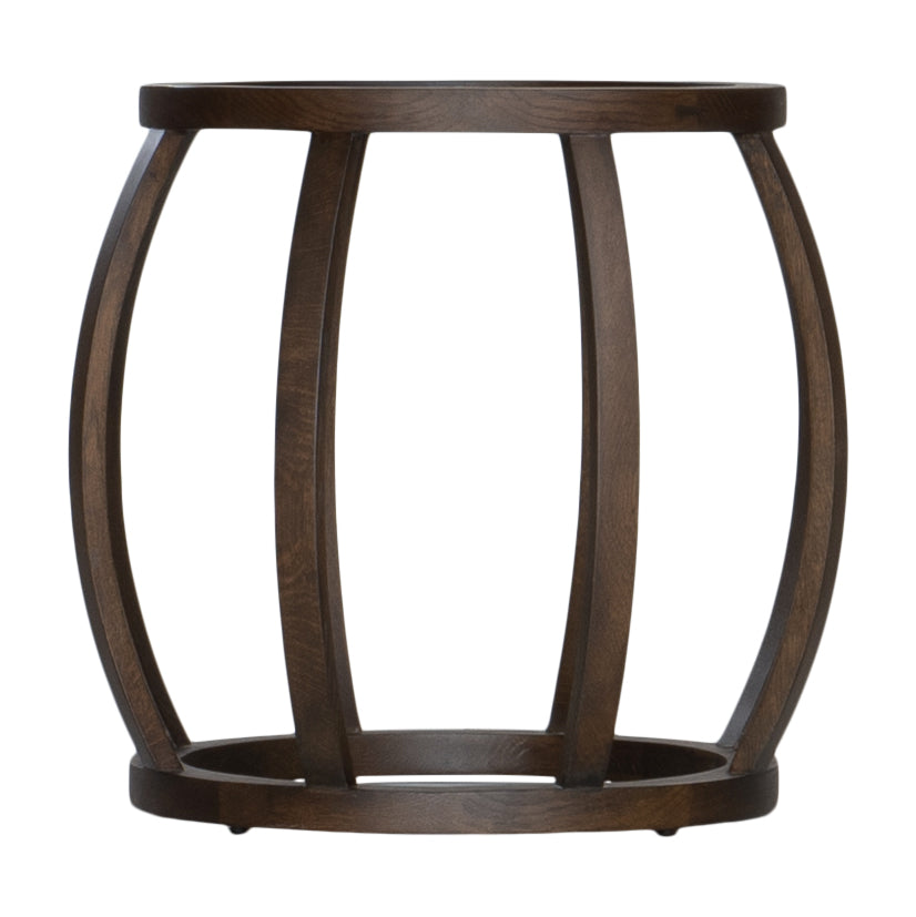 Dark oak side table with an open slat design, featuring a rounded shape and smooth finish. Ideal for adding a touch of rustic elegance to contemporary living spaces
