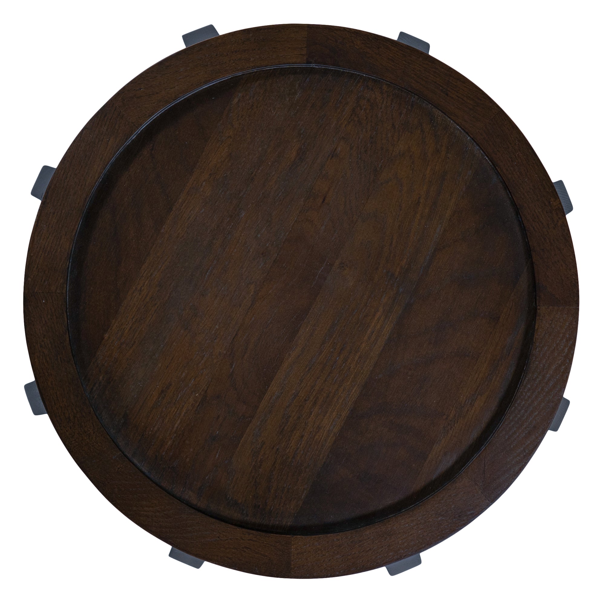 Dark oak side table with an open slat design, featuring a rounded shape and smooth finish. Ideal for adding a touch of rustic elegance to contemporary living spaces