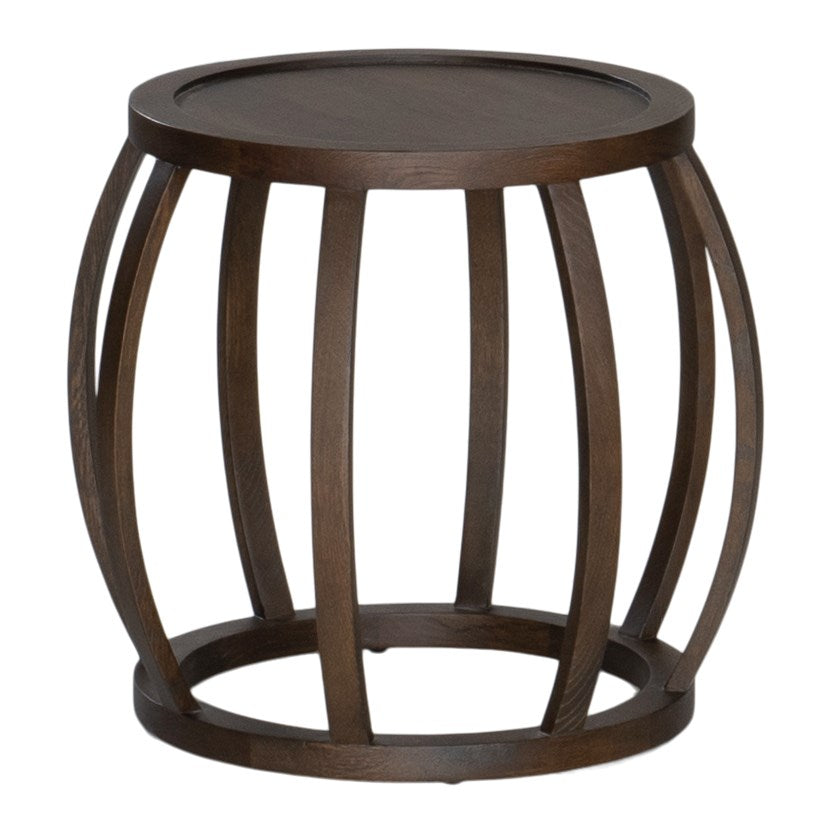Dark oak side table with an open slat design, featuring a rounded shape and smooth finish. Ideal for adding a touch of rustic elegance to contemporary living spaces
