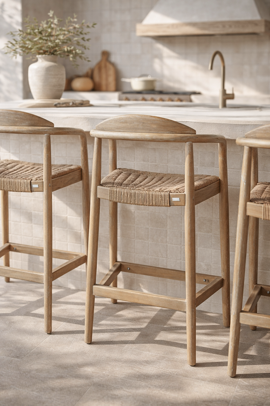 Dedon outdoor counter chair with woven rope seat and backrest, designed for relaxed alfresco dining and outdoor entertaining.